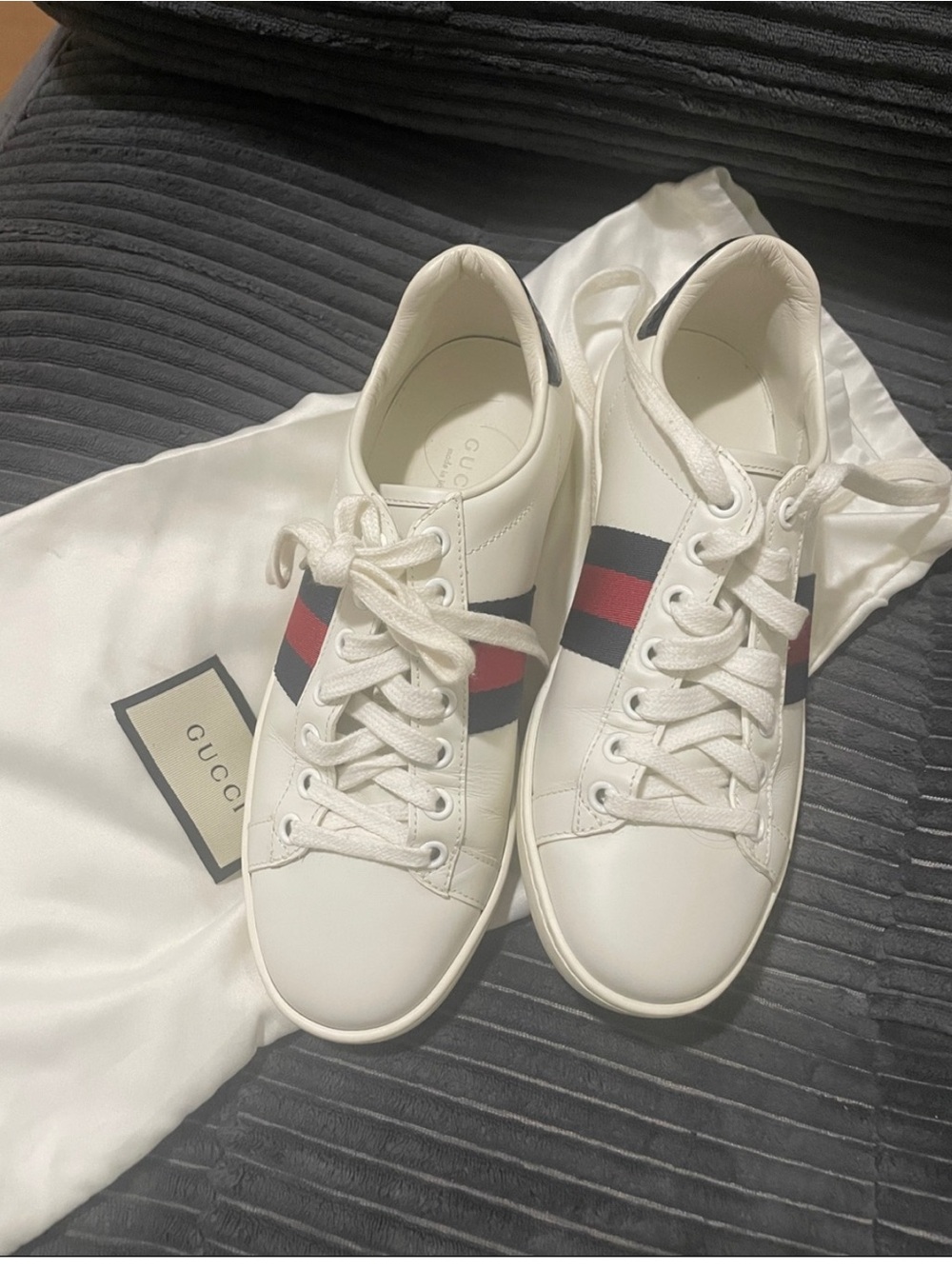 Gucci White Leather Sneakers with Red & Navy Web Stripe